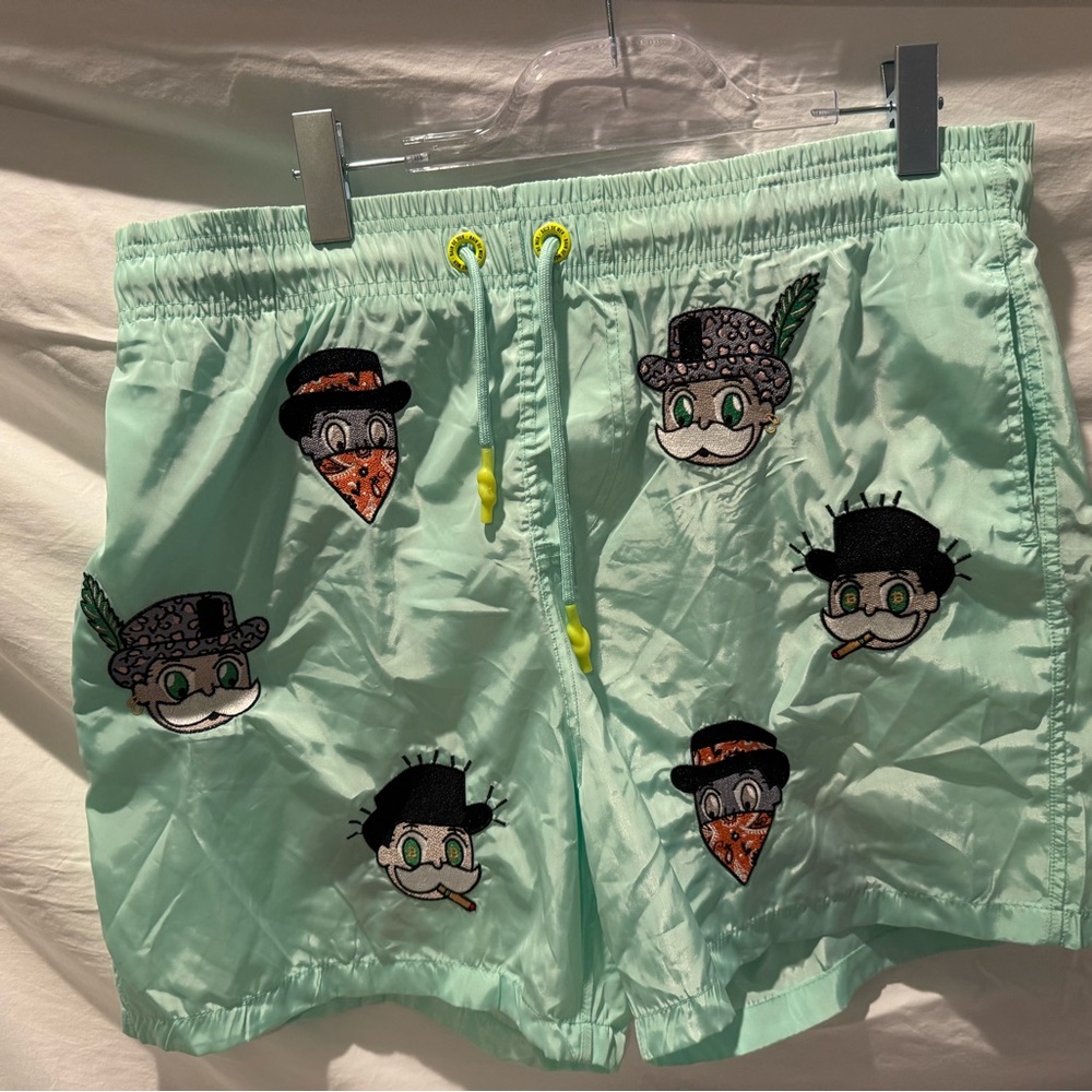Mint Green Bain de Mer Swimtrunks with Cartoon Patches — New With Tags